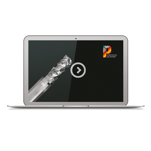MacBook-Laptop mit einem Bild eines Fräsers auf dem Bildschirm und einem bunten Logo mit Text 'Software & Service ganz nach Bedarf'