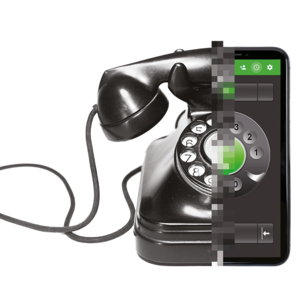 Halbes schwarzes Wählscheibentelefon mit Hörer, das nahtlos in ein Smartphone mit digitaler Wählscheibe und grünen Bedienelementen übergeht