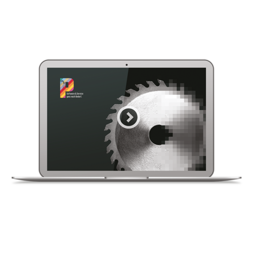 MacBook mit Bildschirm, der eine halb verpixelte Kreissägeblatt-Grafik und ein Symbol mit Pfeil zeigt, links oben Text 'Software & Service ganz nach Bedarf'