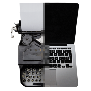 Halbe Schreibmaschine mit Papier und halber Laptop-Tastatur und Bildschirm, die zusammengefügt sind