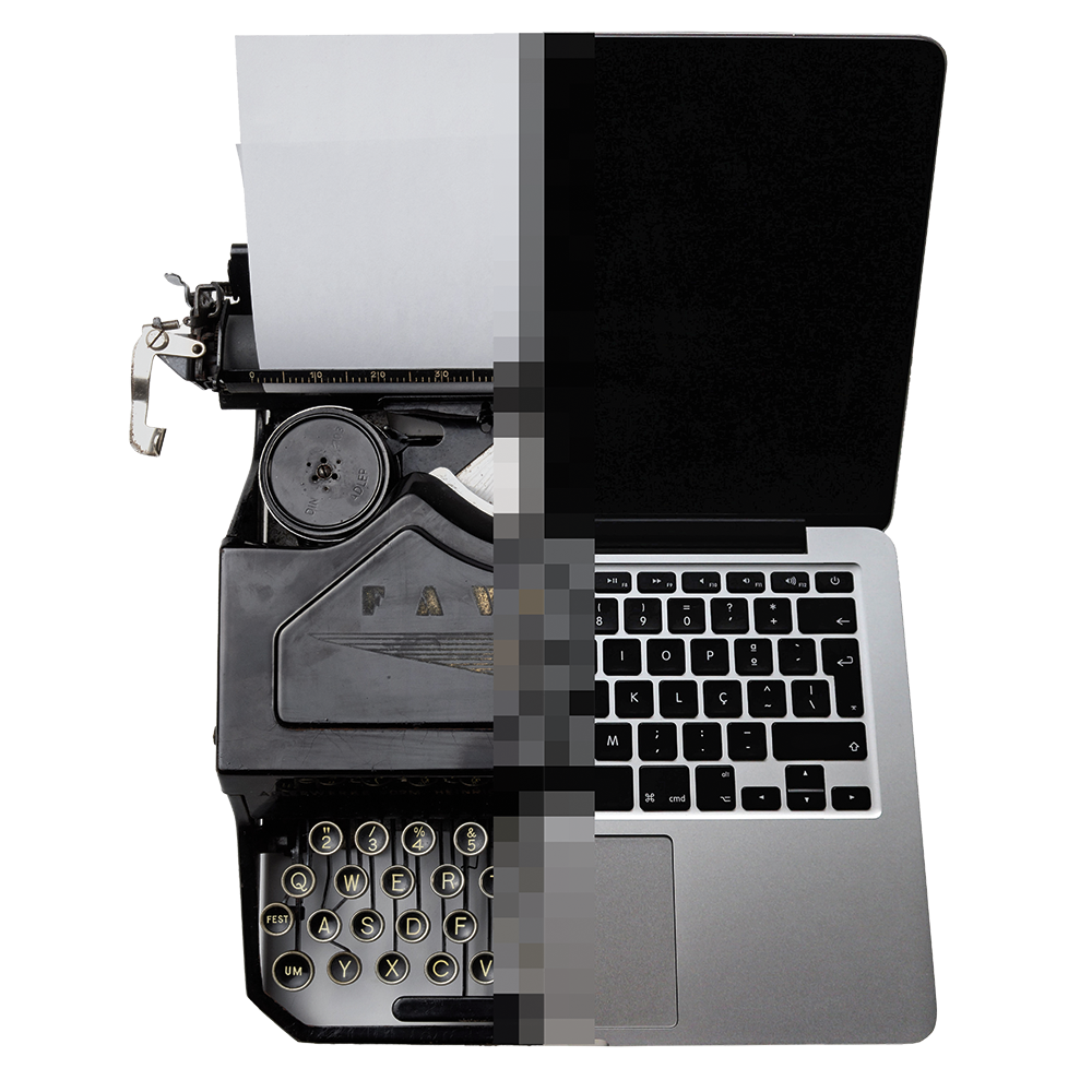 Halbe Schreibmaschine mit Papier und halber Laptop-Tastatur und Bildschirm, die zusammengefügt sind