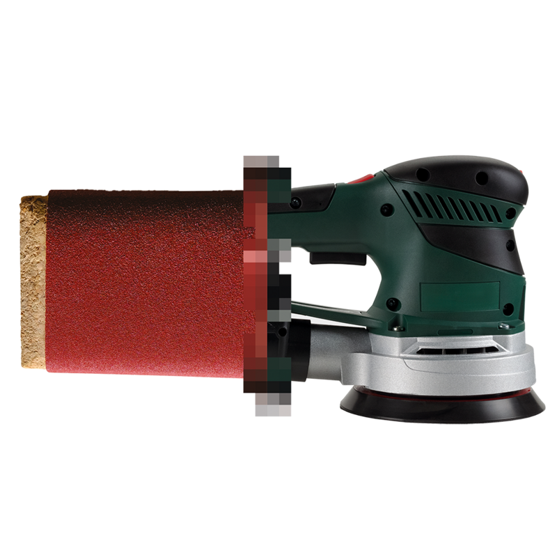 grüner und schwarzer Elektroschleifer mit rotem Schleifpapier und silberner Basis, Seitenansicht