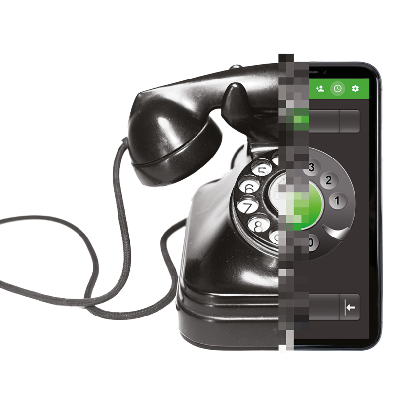 Halbes schwarzes Wählscheibentelefon mit Hörer, das nahtlos in ein Smartphone mit digitaler Wählscheibe und grünen Bedienelementen übergeht